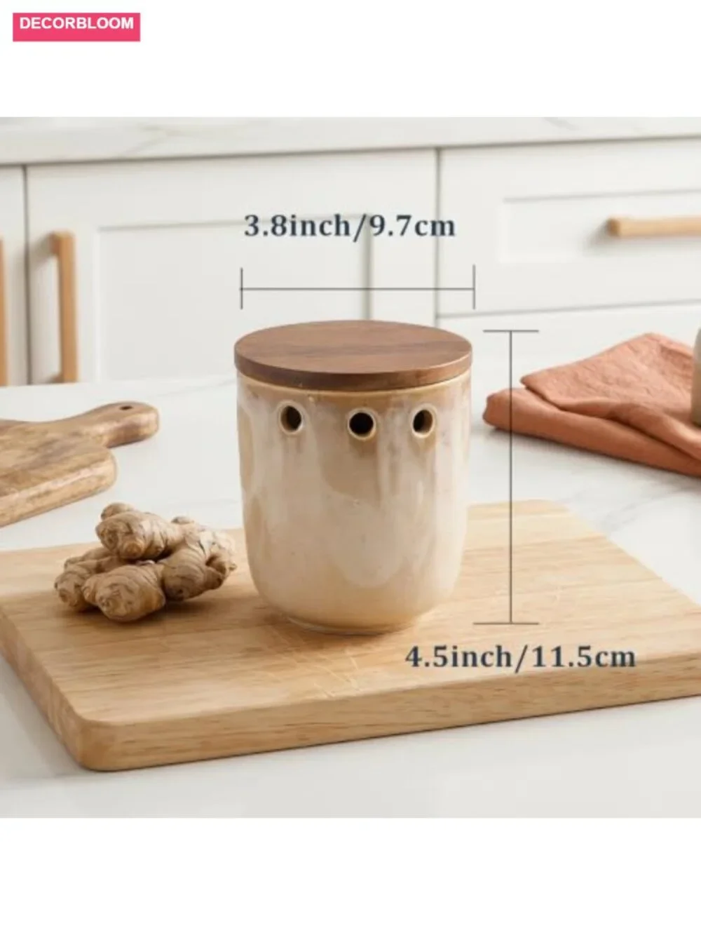 Ceramic Garlic Keeper with Wood Lid, Large Capacity Storage Container